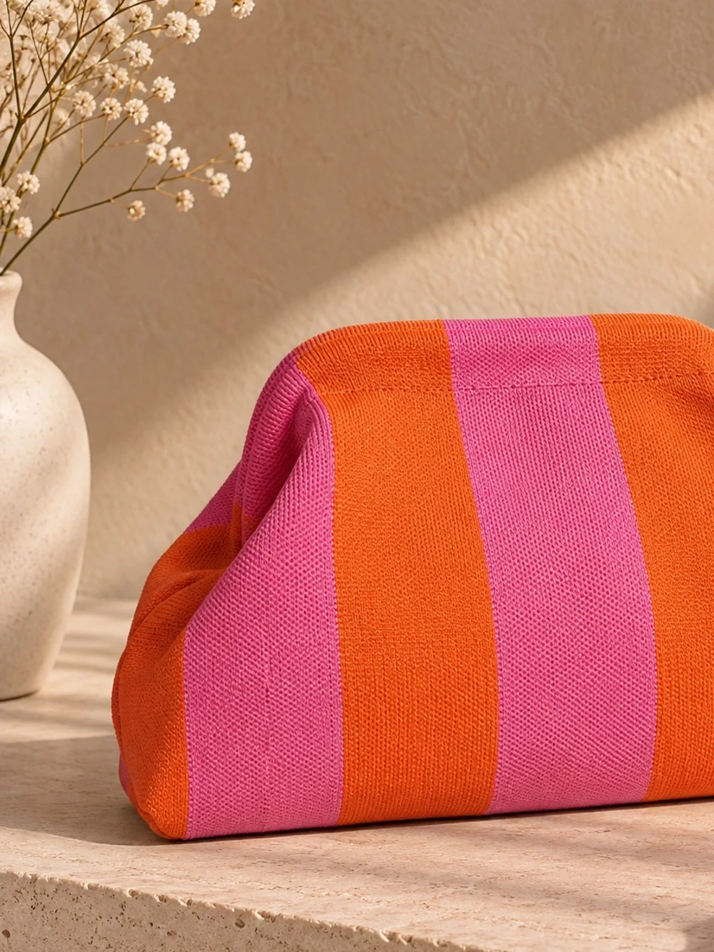 Striped Pink & Orange Knit Clutch - Women Bags